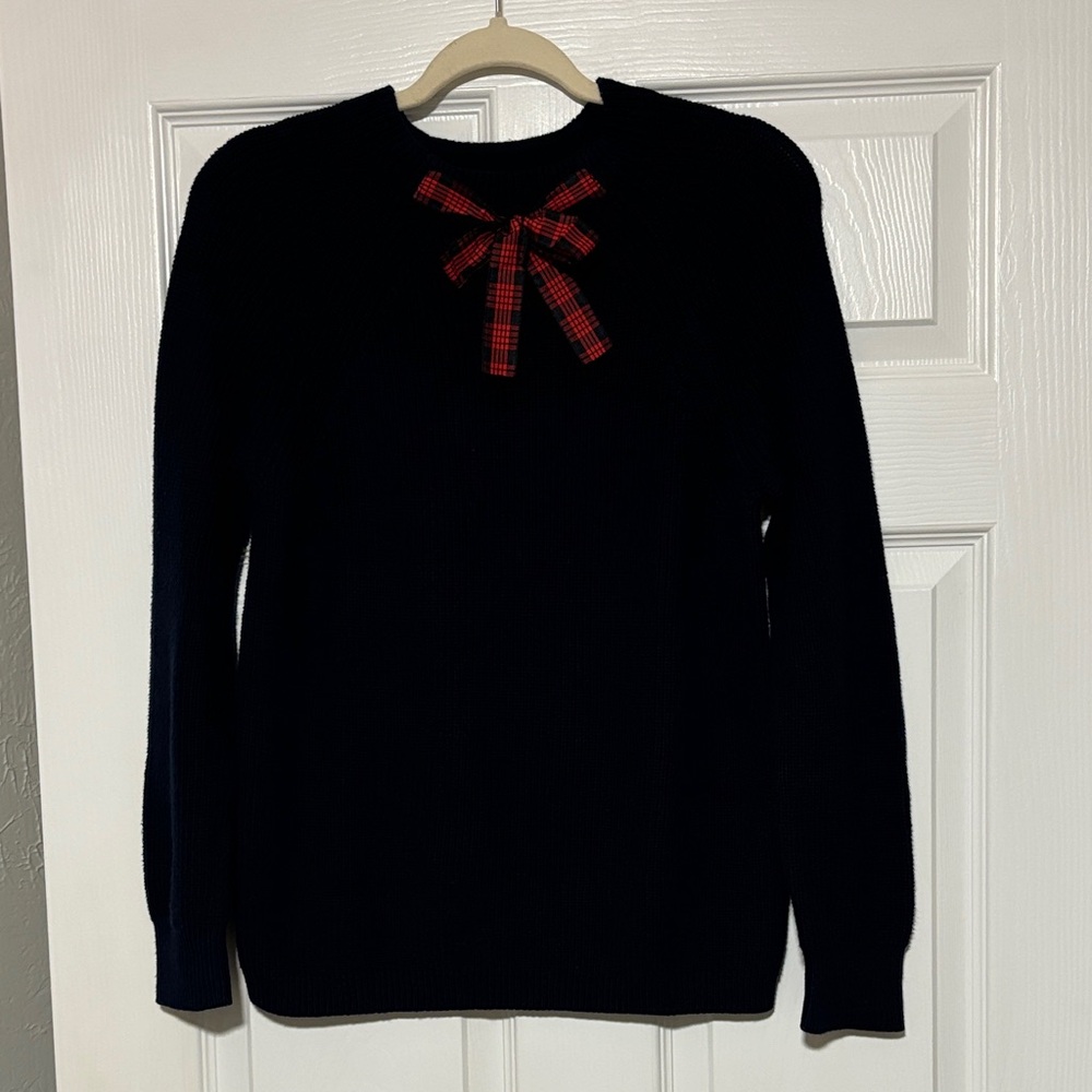 J. Crew Factory Navy Sweater with Red Plaid Bow